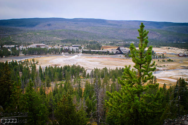 Overlooking the Old Faithful area (OF itself is "smoking" in the wide-open area